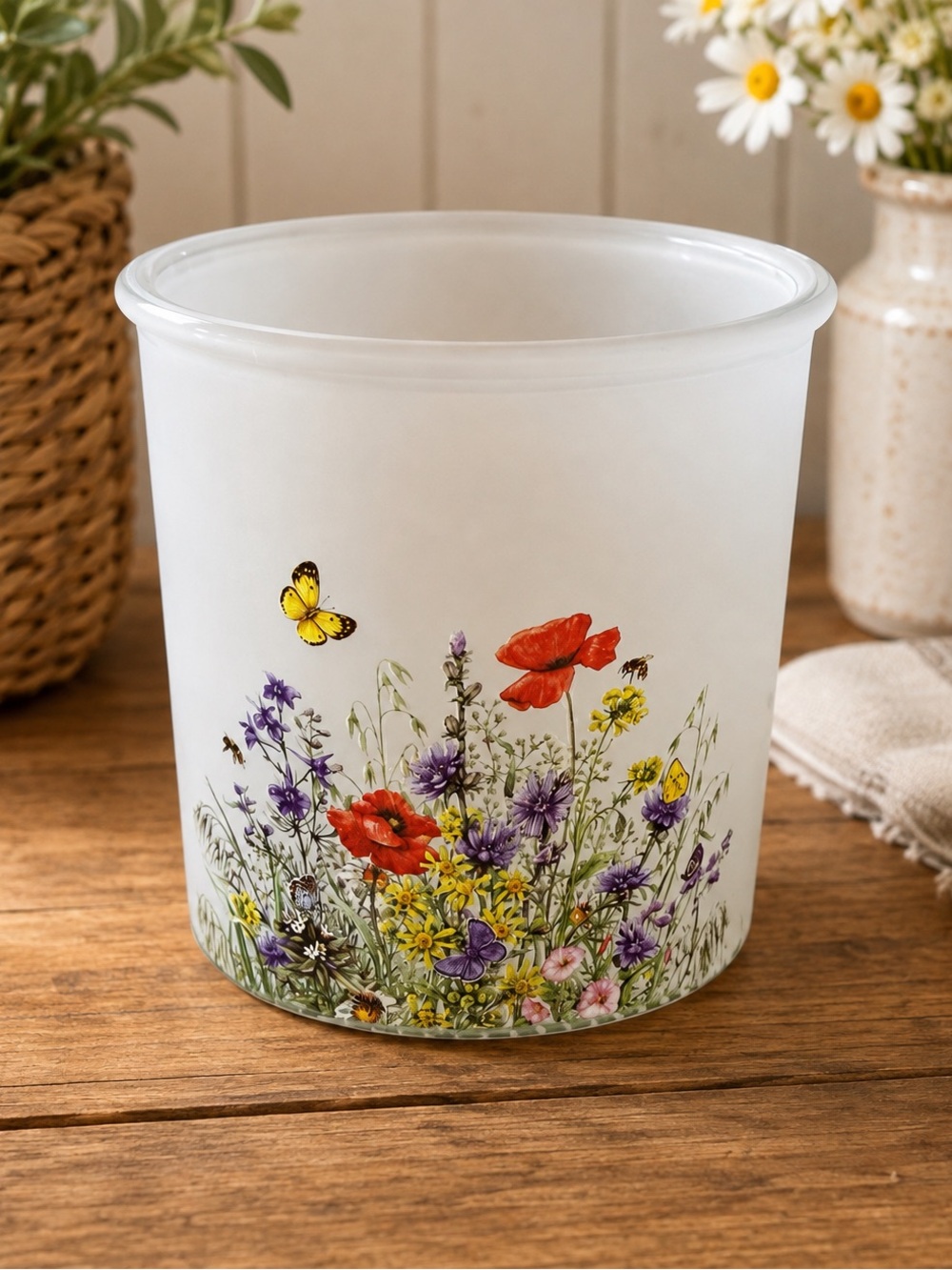 Floral Glass Votive Holder with Wildflower Design 4 1/2” x 5”